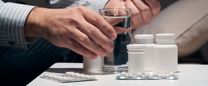 businessman sitting on the sofa and taking medication
